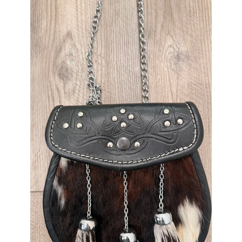 Scottish Kilt Sporran Cowhide Leather Celtic Knot Studded Tassel Chain Bag Black
